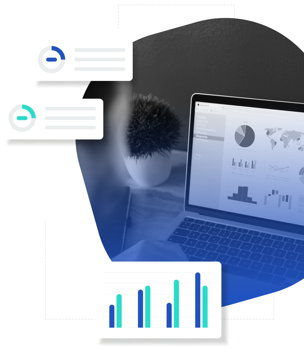 Analytics dashboard on a laptop with charts and graphs, surrounded by floating data visualization elements