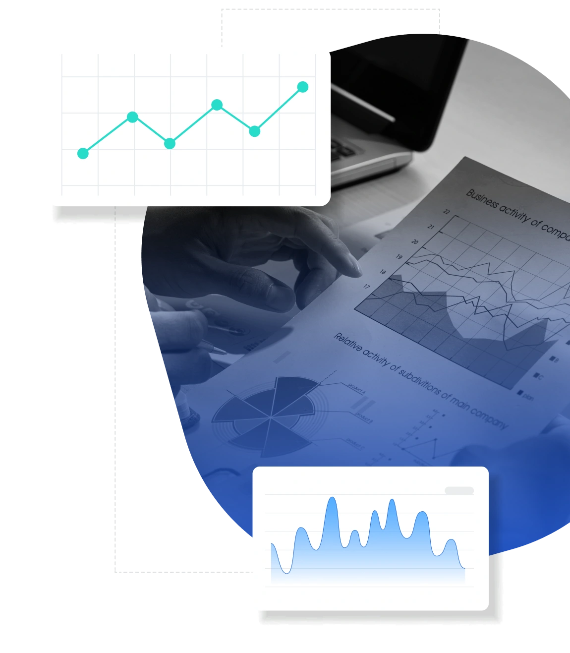 Person reviewing printed business analytics charts alongside digital line and area graphs