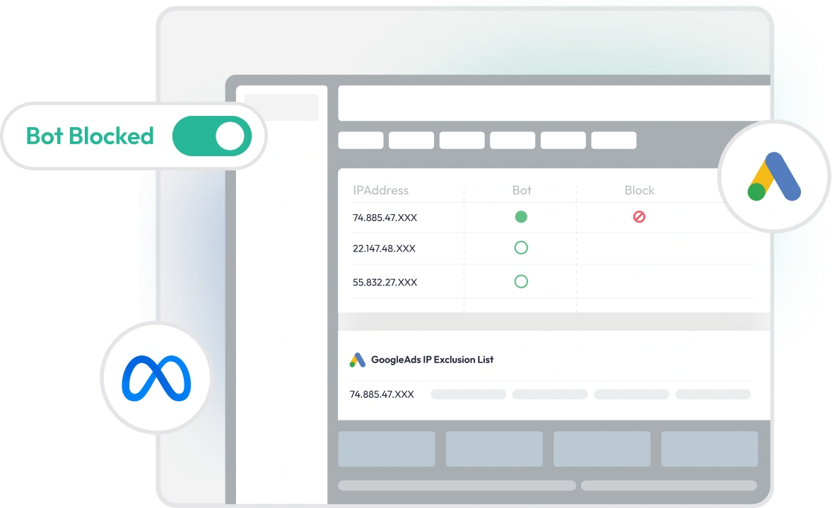 Digital advertising dashboard interface with menus, data visualizations, and branding icon