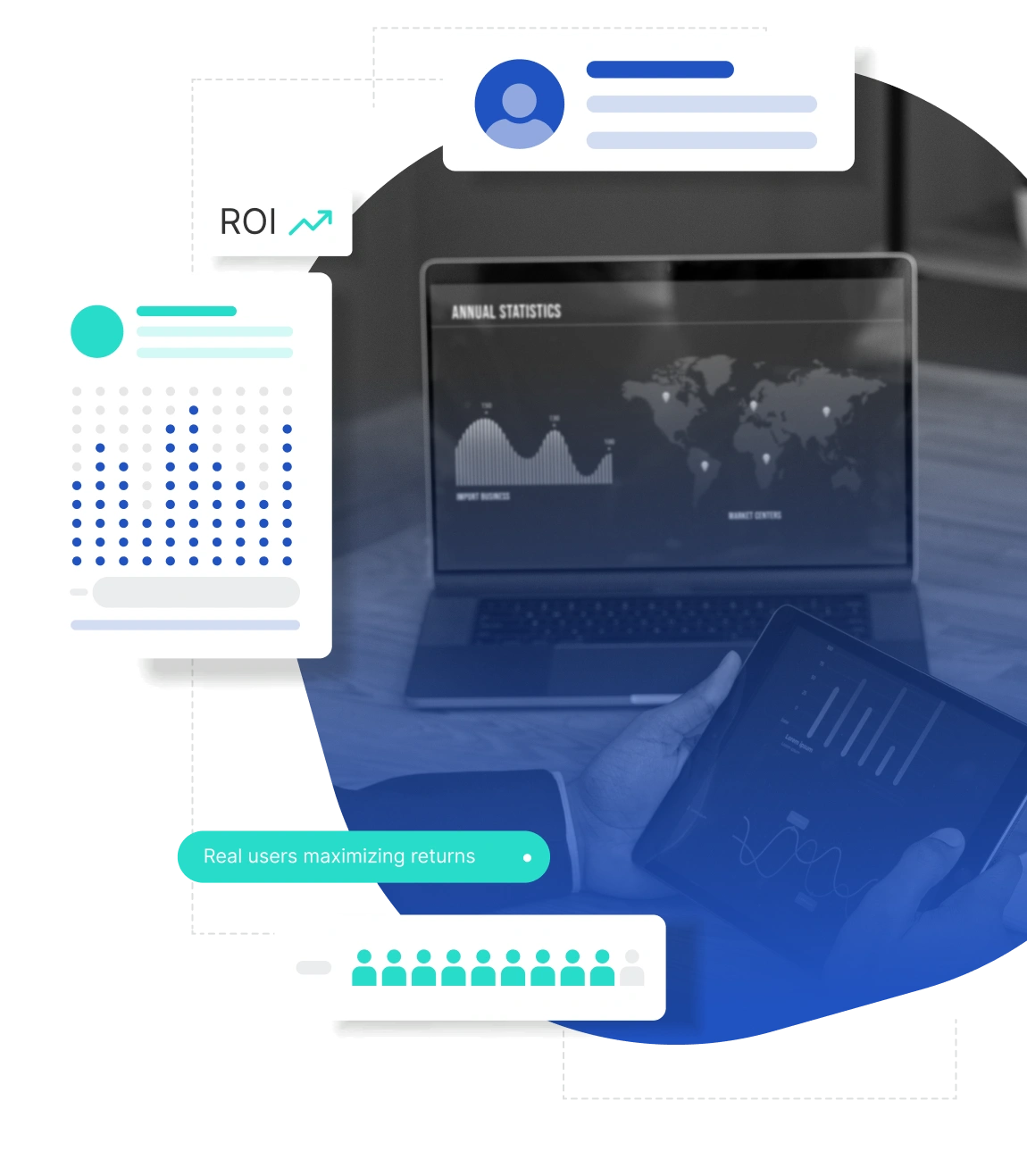 Analytics interface showing ROI data, user activity, and annual statistics on laptop and tablet screens