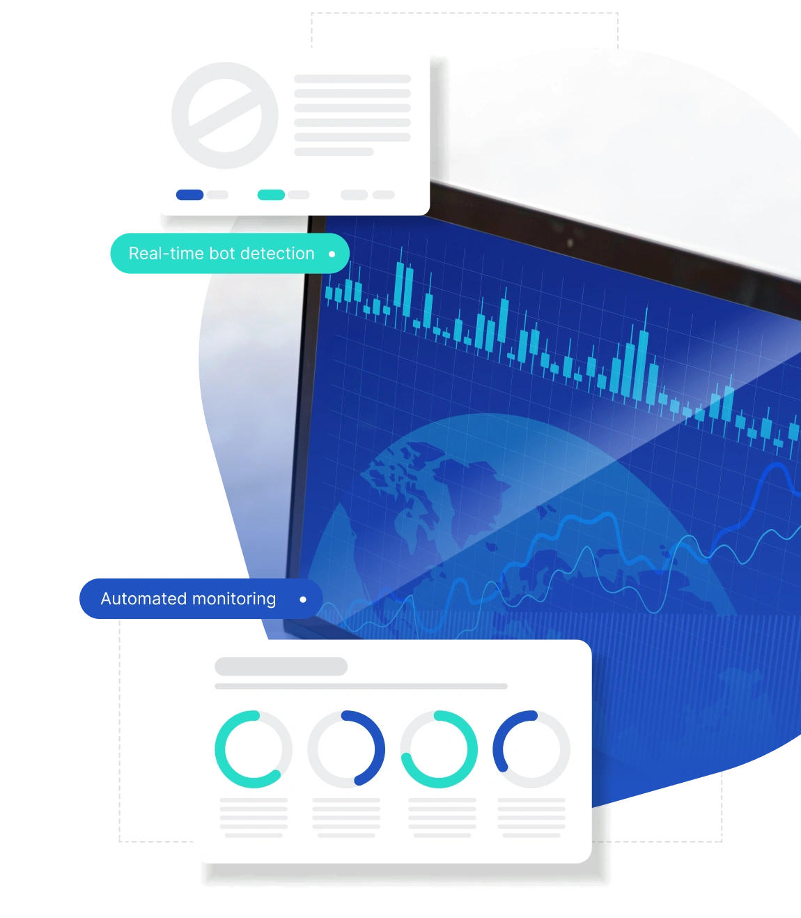 Analytics screen showing global data charts with real-time bot detection and automated monitoring interface