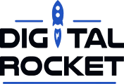 Digital Rocket logo with a stylized blue rocket centered between the words
